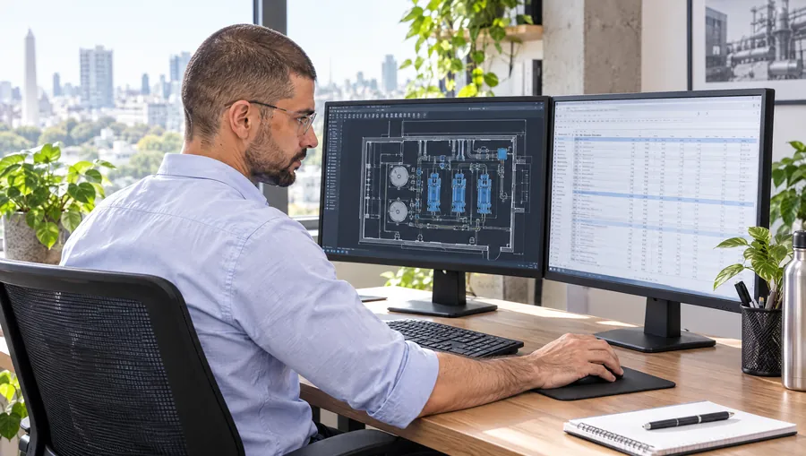 El Ingeniero de Estudio TREO dibuja en CAD la planta de una sala de máquinas, con la planilla de motores abierta en el segundo monitor
